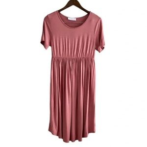 From Palmer Preppy Soft Stretchy Flowy Empire Waist Short Sleeve Midi Dress Pink
